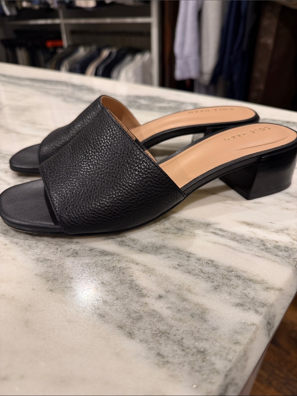 Cole Haan Black Leather Slide Sandals with Block Heel